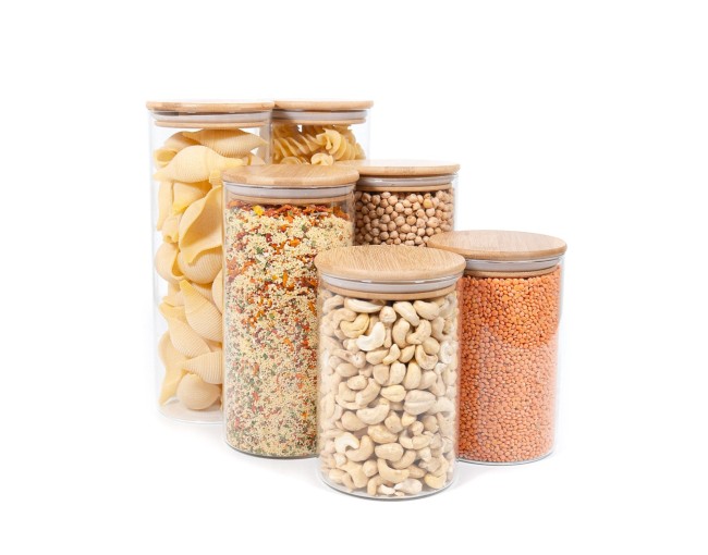 Round storage jars with bamboo lids, set of 6