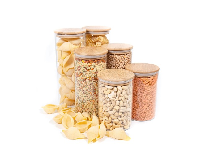 Round storage jars with bamboo lids, set of 6