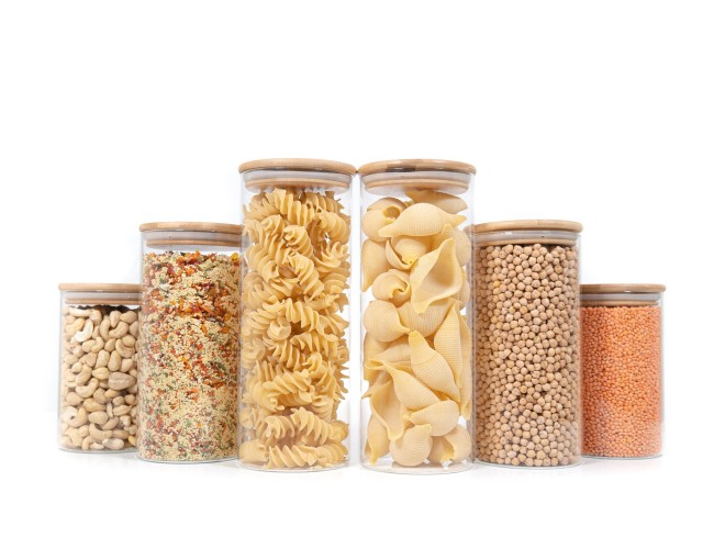 Round storage jars with bamboo lids, set of 6