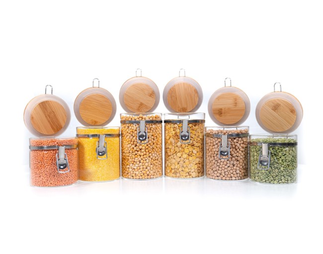 Clip-on storage jars with bamboo lids, set of 6