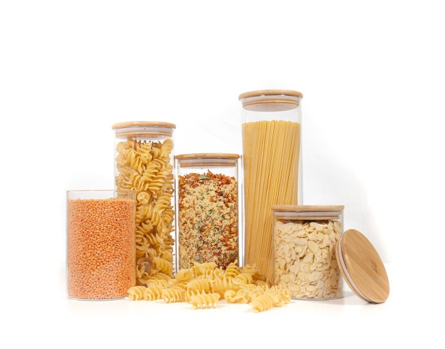 Round storage jars with bamboo lids, set of 5