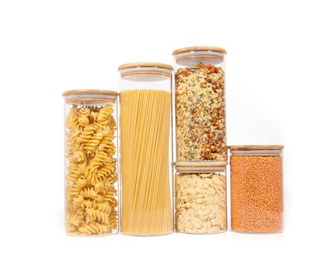 Round storage jars with bamboo lids, set of 5