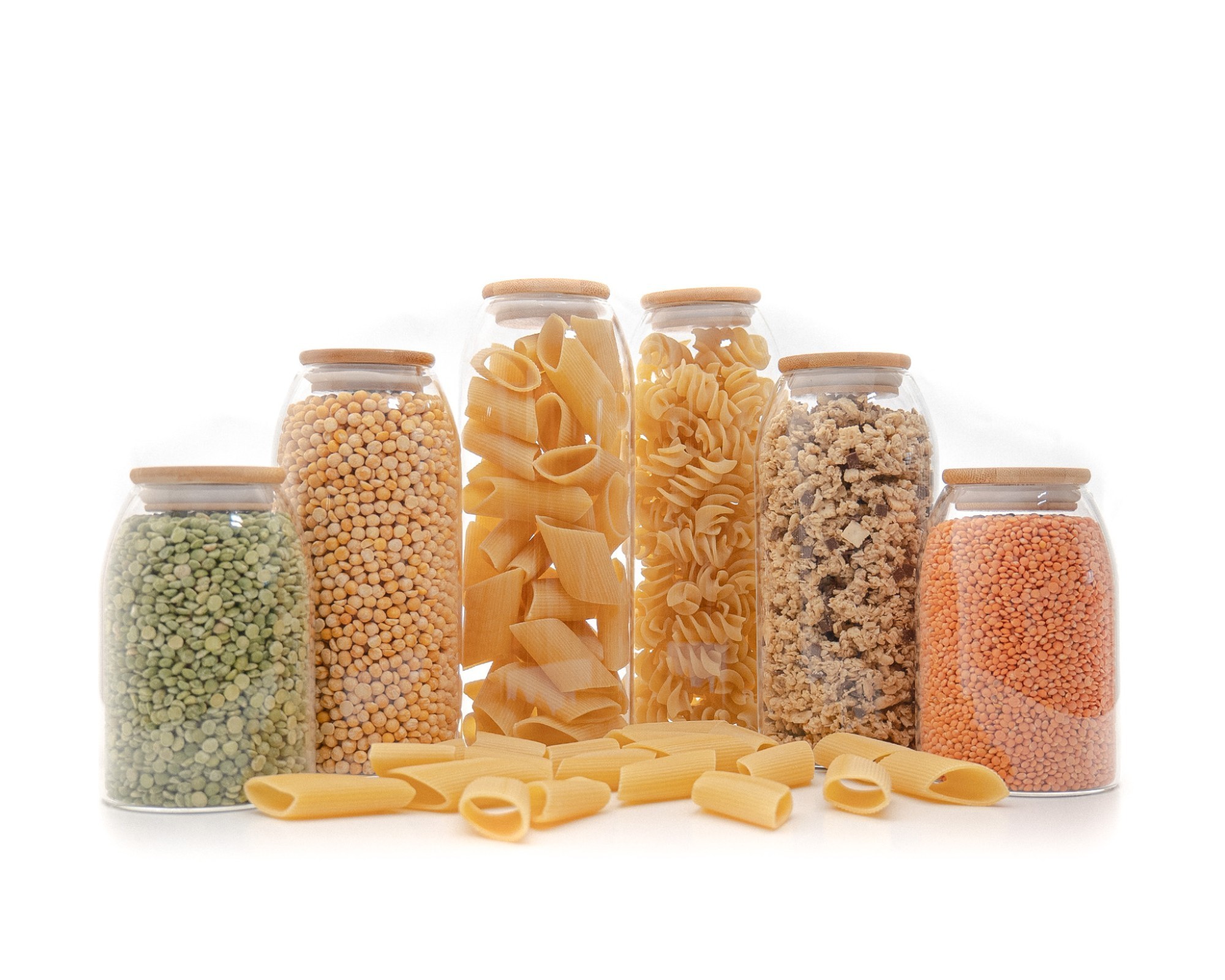 Storage jars with bamboo lids, oval, set of 6