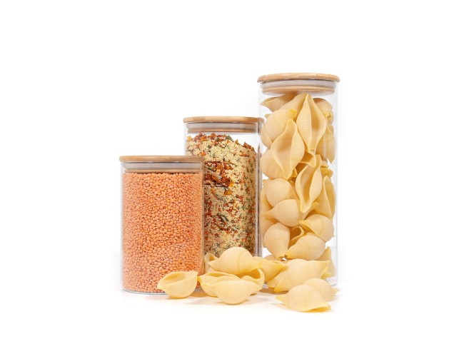 Round storage jars with bamboo lids, set of 3