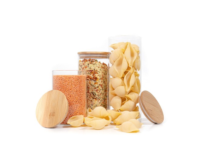 Round storage jars with bamboo lids, set of 3