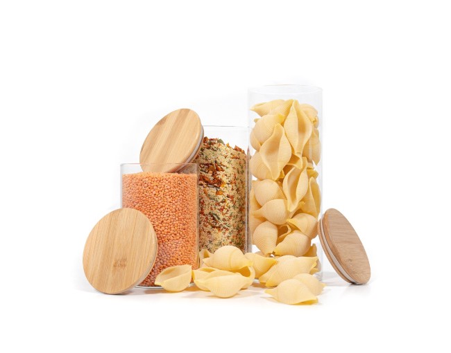 Round storage jars with bamboo lids, set of 3