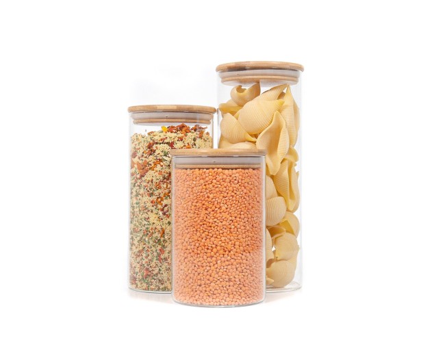 Round storage jars with bamboo lids, set of 3