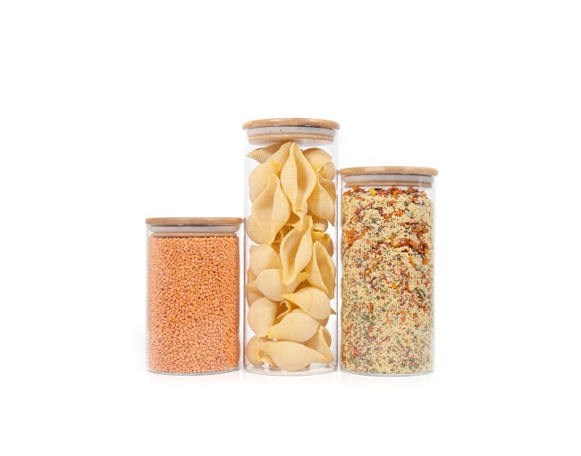 Round storage jars with bamboo lids, set of 3