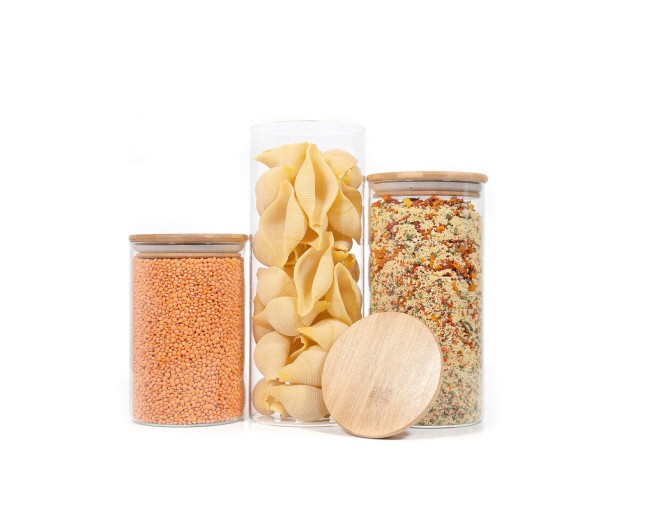 Round storage jars with bamboo lids, set of 3