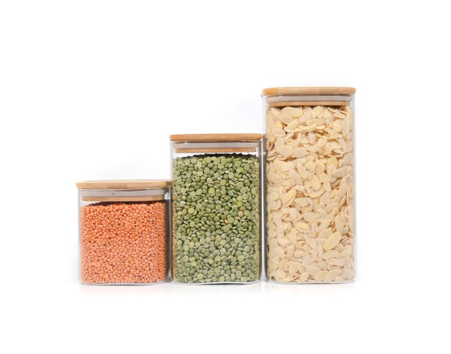 Bocaux de rangement carrés avec couvercles en bambou, lot de 3