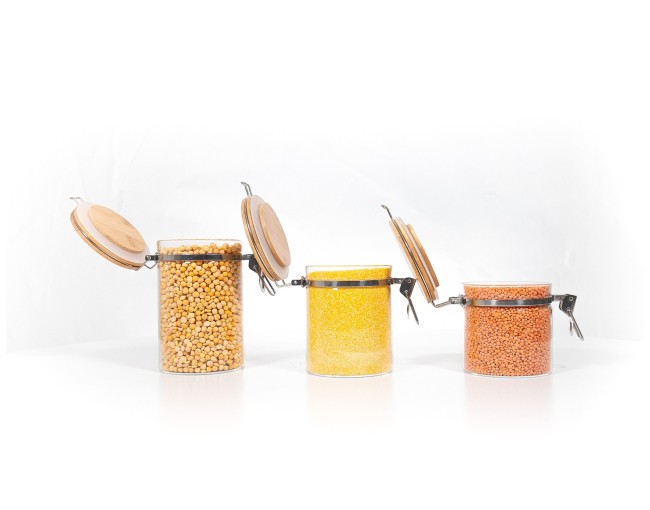 Clip-on storage jars with bamboo lids, set of 3